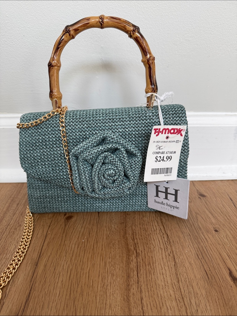 Haute Hippie Teal Woven Shoulder Bag with Bamboo Handle